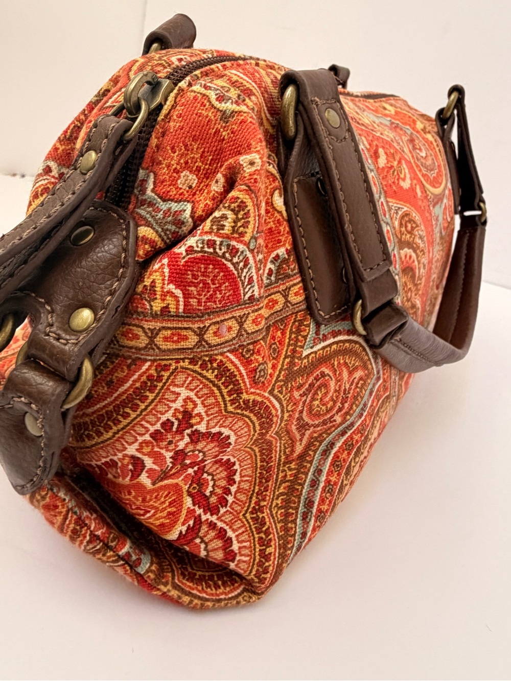 Orange Paisley Shoulder Bag with Brown Handles - Picture 4 of 7